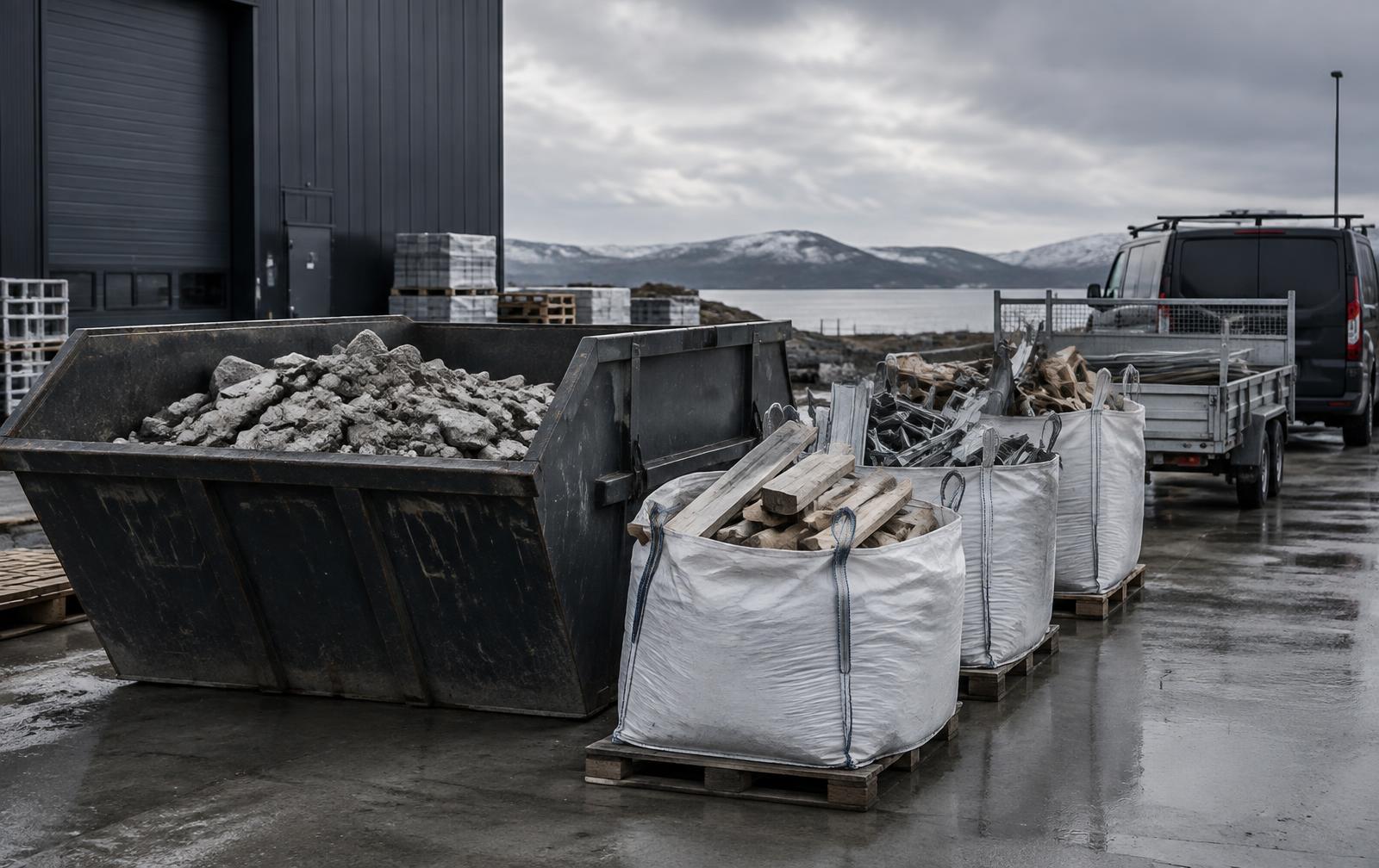 Container, Big Bag och arbetsfordon på industriområde